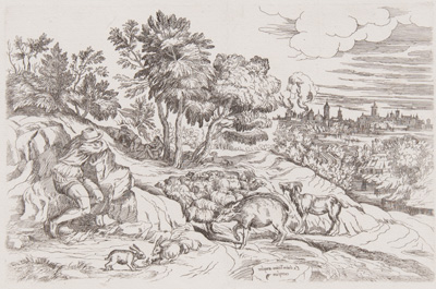 Titian etching from 1682 Landscape with Sleeping Shepherd